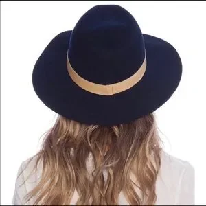 Janessa Leone’ Wool Navy Fedora with Tan Band Janessa Leone Lucy Fedora in Dark Blue-Grey with Tan band  main image 4